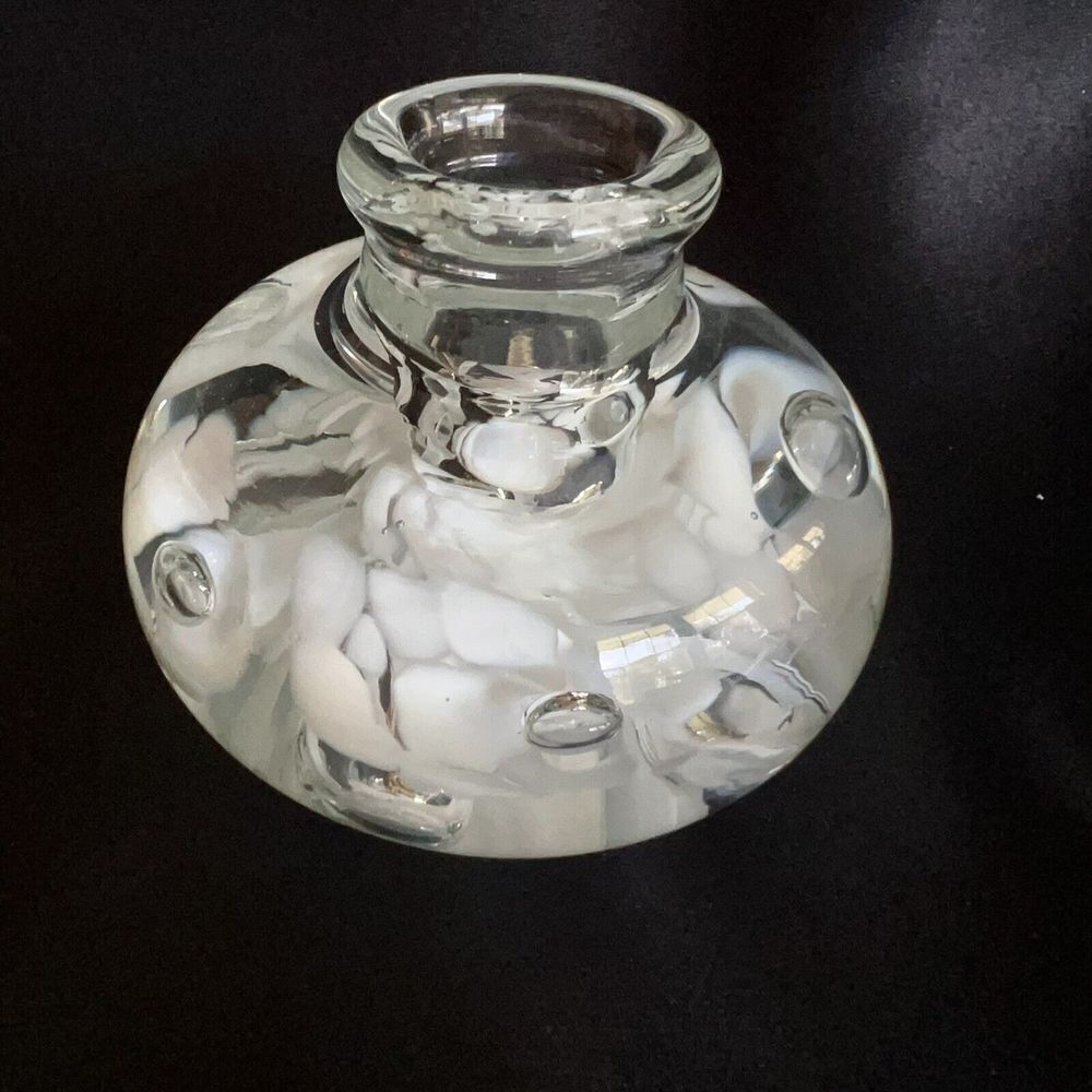 Vintage Joe St. Clair Art Glass White Clear Flower Paperweight Candle Holder